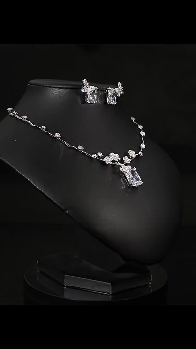 Square Cut CZ Bridal Jewelry Set Showcase | Leaf Flower Necklace Collection