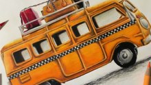 Dessin réaliste d'un van aux crayons de couleur