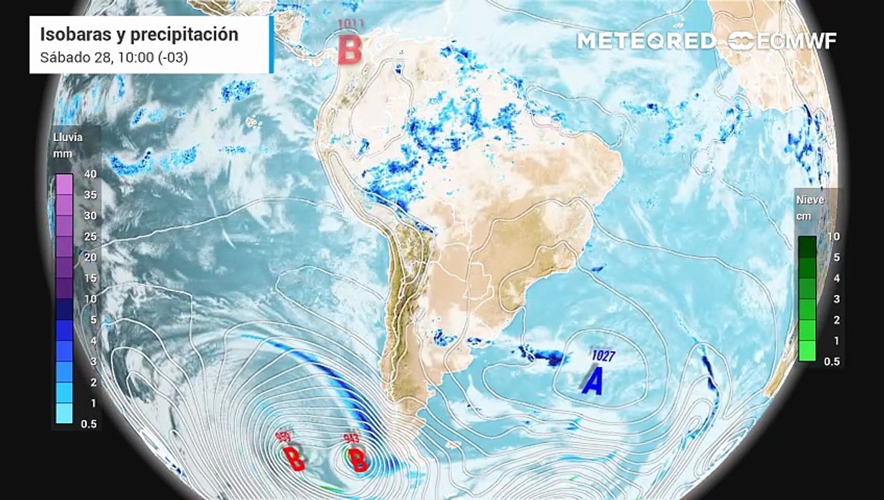 Pronóstico de isobaras y precipitaciones: Sabado 28 de Marzo
