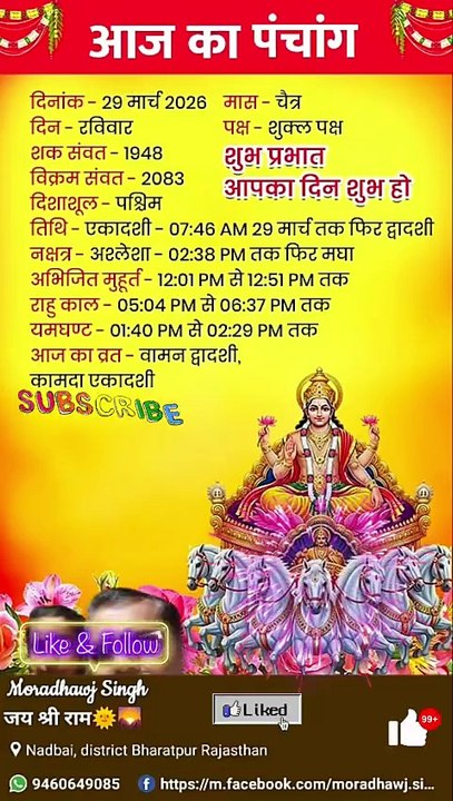 आज 29/03/2026 का पंचांग।