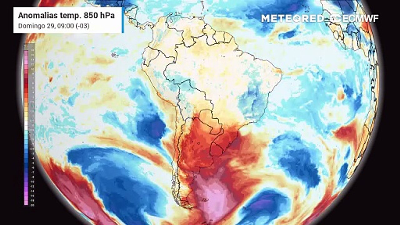 Domingo, 29 de março: anomalia de temperaturas em 850 hPa (massas de ar)