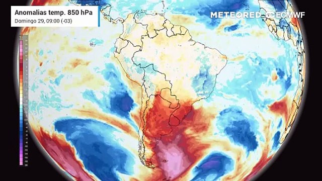 Domingo, 29 de março: anomalia de temperaturas em 850 hPa (massas de ar)