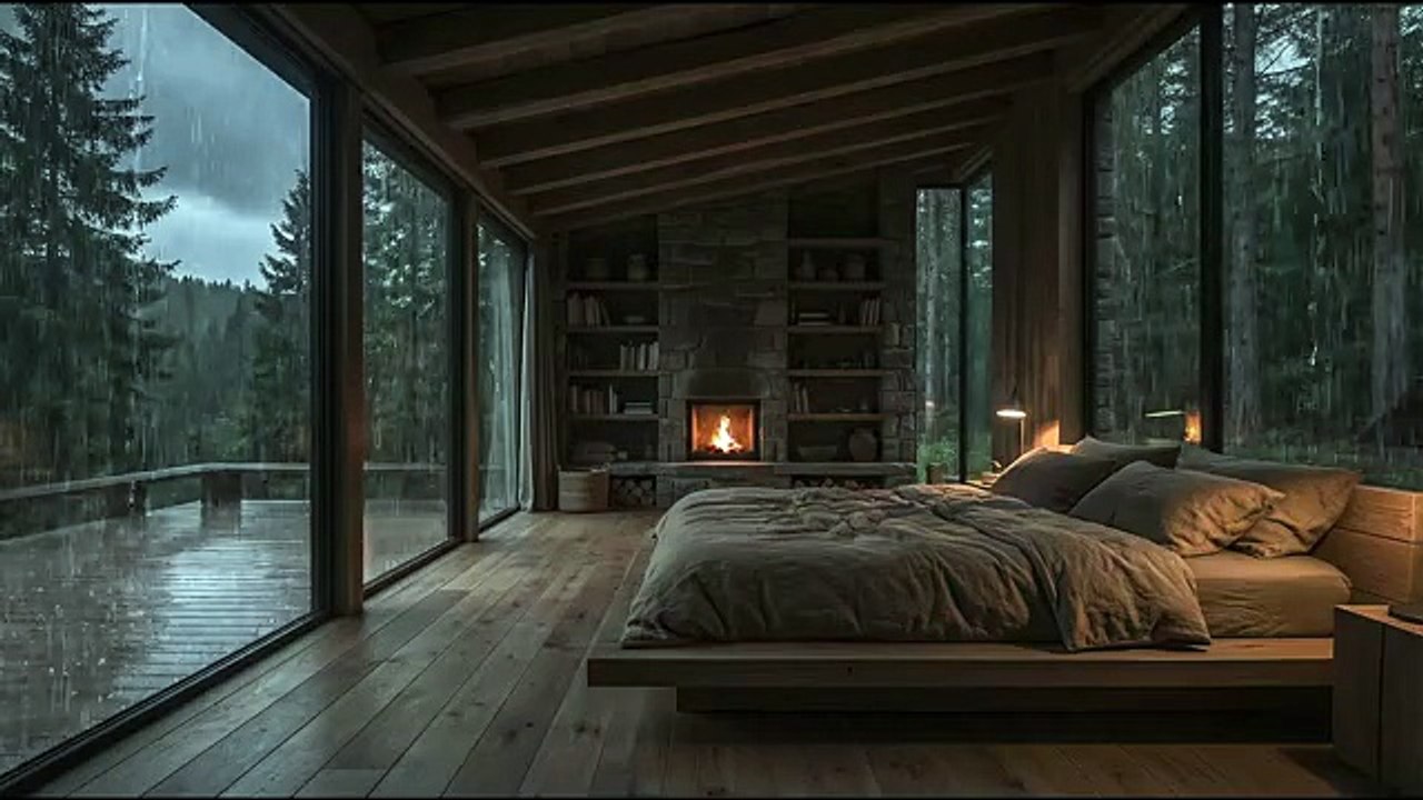 Heavy Rain Sounds for Deep Sleep  Rain Falling Outside a Cozy Fireplace Cabin
