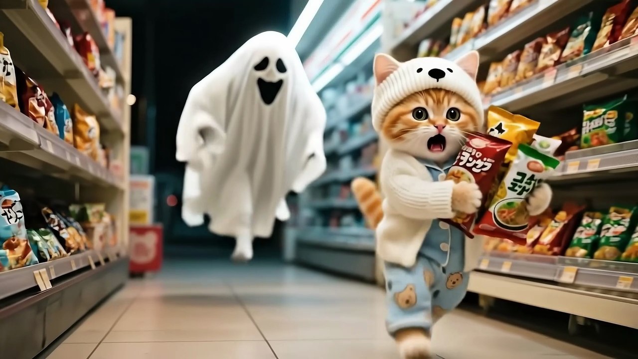 Baby Ginger Cat Encounters a Ghost in a Convenience Store, How the Mother Cat Handles It – Funny Cat Video