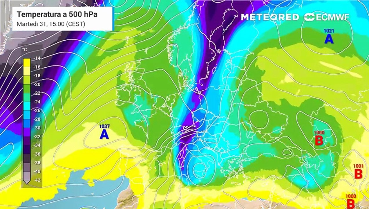 Il bacino del Mediterraneo in quest'ultima giornata di marzo presenta una configurazione a "dipolo" estremamente netta, con una spaccatura dell'Europa in due blocchi barici dominanti.