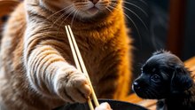 Cute Black Puppy 🐶 & Fat Orange Cat 😻  Eating Time Fun! 😍
