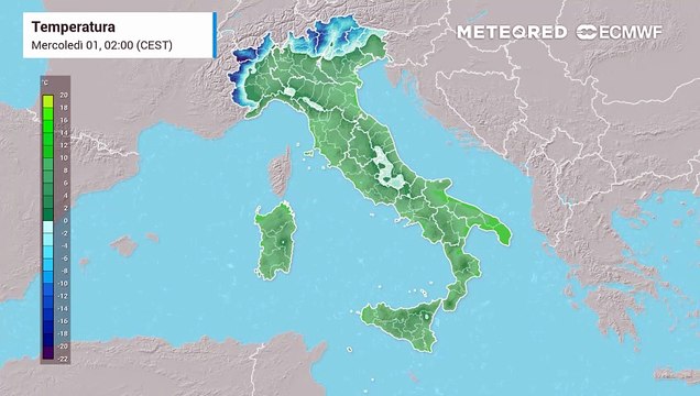Mappa relativa alle temperature previste nei prossimi giorni