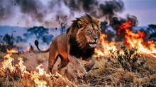 Lion Charges Through Fire Line