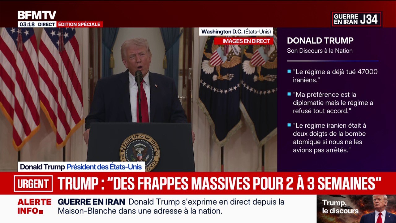 Guerre au Moyen-Orient: "Nous allons frapper extrêmement durement l'Iran pendant 2 à 3 semaines", déclare Donald Trump, président des États-Unis