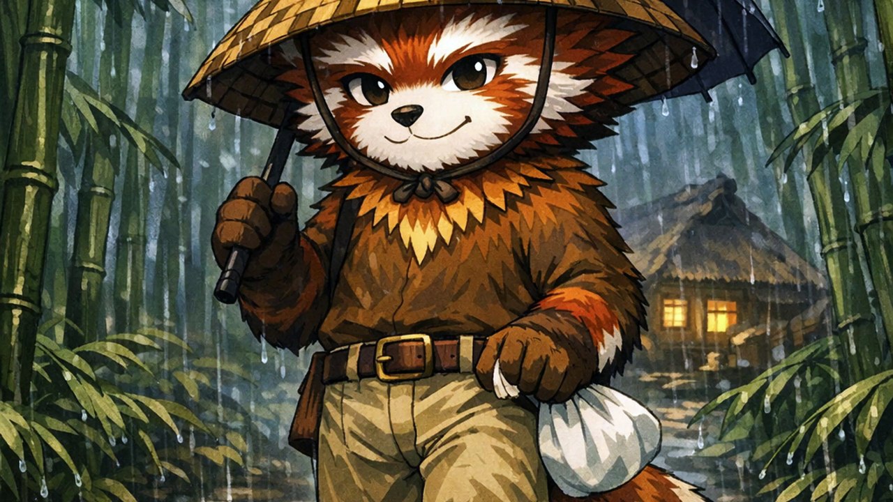 A rainy day in the bamboo forest, Little Red Panda's lights went off so he found a solution to read in the dark again