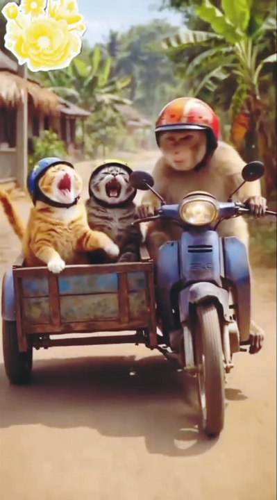 Goat Riding a Rickshaw with Two Cats 😂 | Funny Animal Video