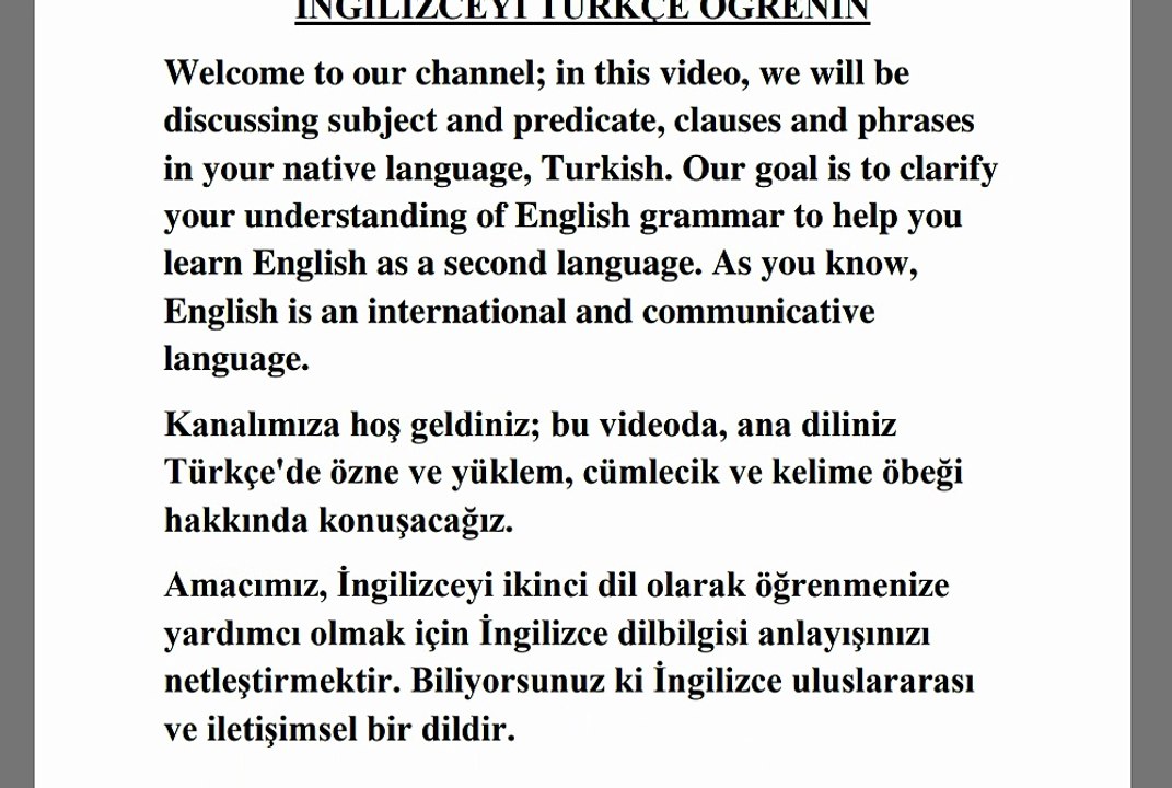 İngilizceyi Türkçe öğrenin(Özne ve yüklem, sözcük öbeği ve yan cümleler hakkında bilgi edinin)kendi ana dilinizde