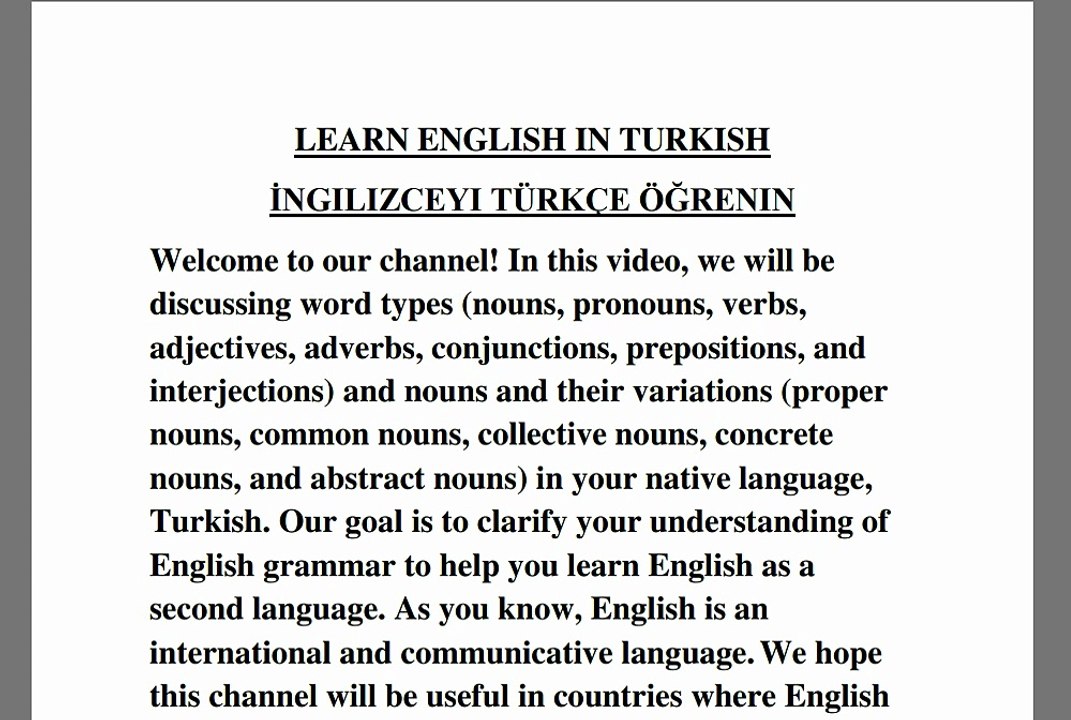 İngilizceyi Türkçe Öğrenin(Kelime türleri hakkında bilgi edinin Ve isim ve isim türleri)kendi ana dilinizde