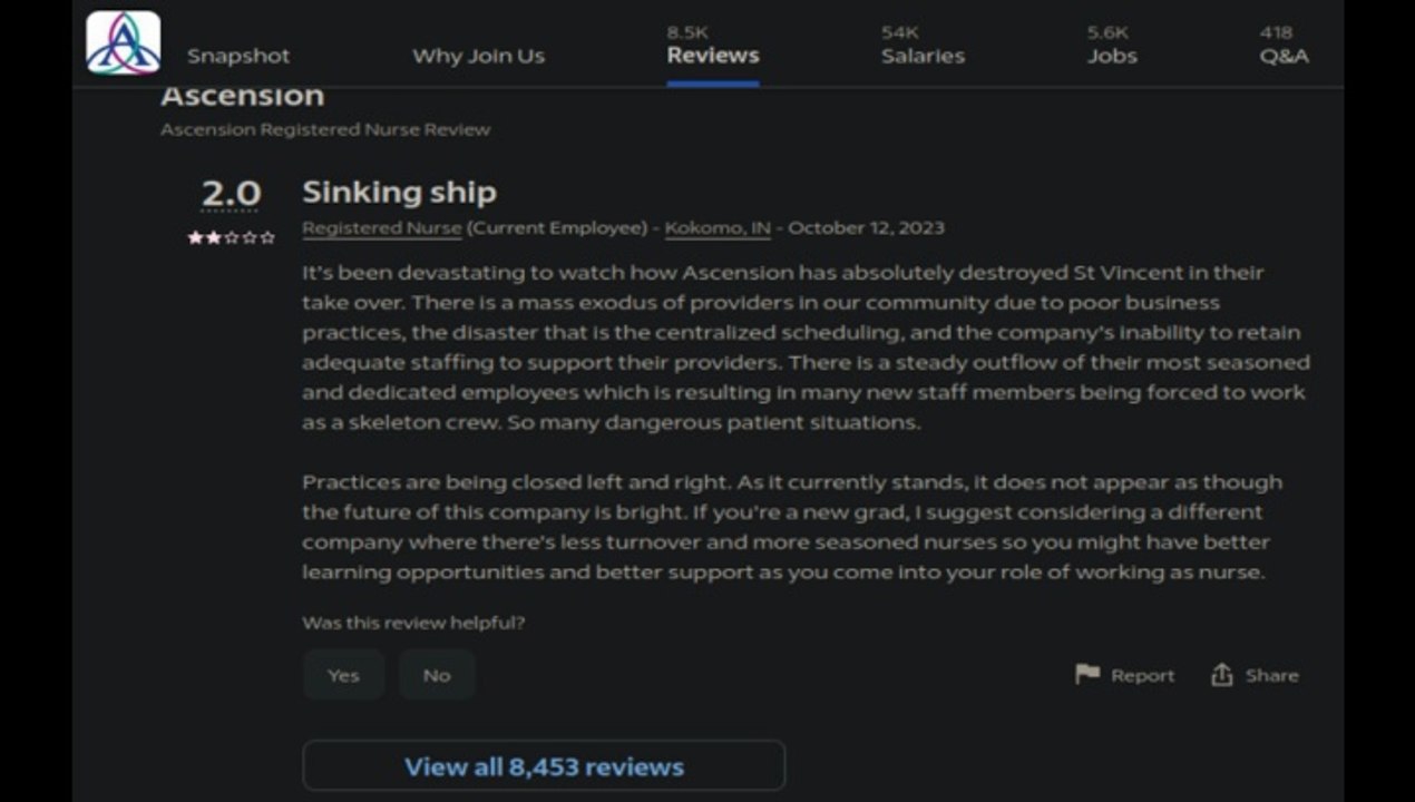 Currently Employed Nurse Describes Ascension As "Sinking Ship" - Professionals Leaving In Droves