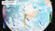 Segunda-feira, 6 de abril: Mapa de chuva, pressão a nível médio do mar e nebulosidade.