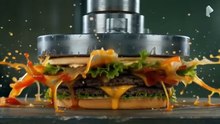 A hydraulic press machine crushing a burger
