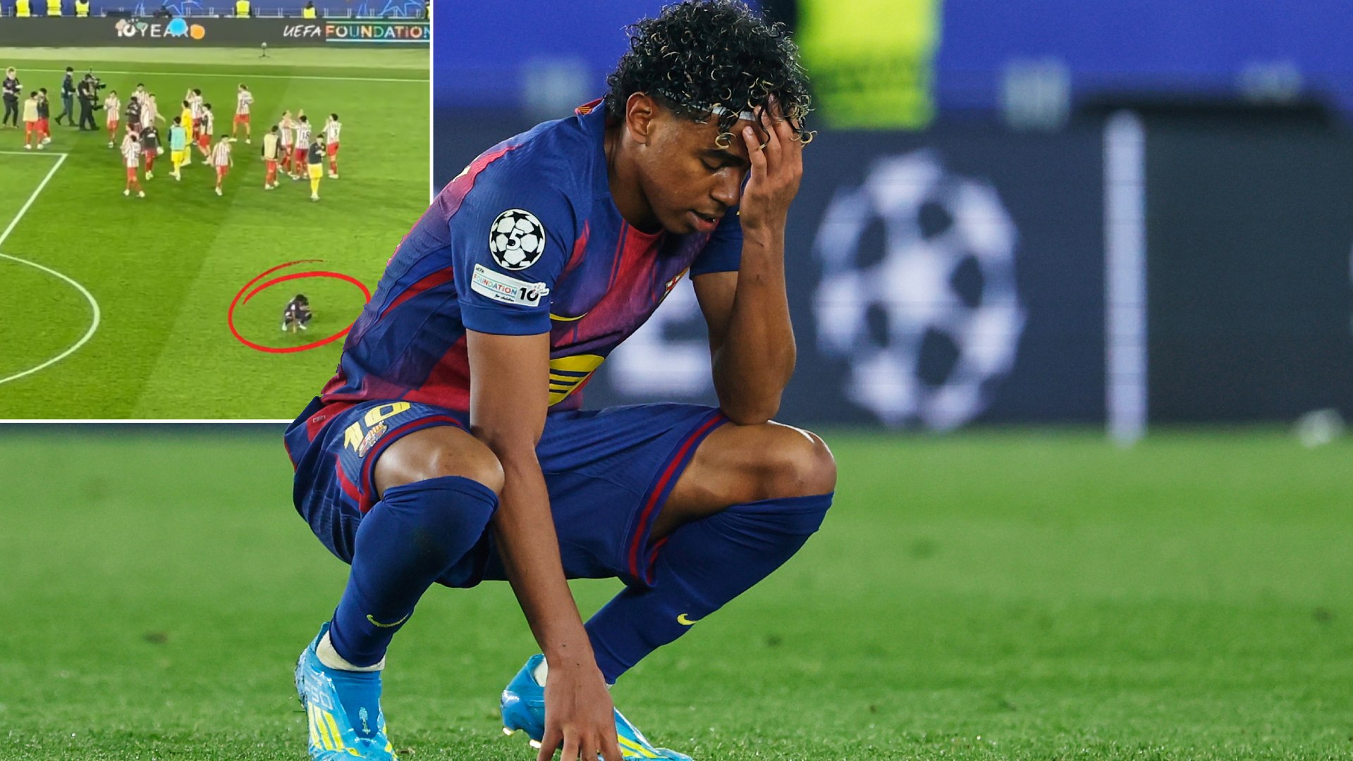 Una imagen que duele al barcelonismo: Lamine, hundido durante la celebración del Atlético