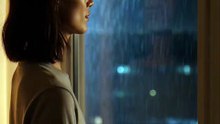 A person silently watching rain from a window at night