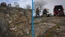 Yabani hayvandan korkup sarp kayalıkta mahsur kalan keçilere kurtarma operasyonu