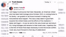 Trump su Truth loda la liberazione dell'ostaggio Usa: "Notizia monumentale"