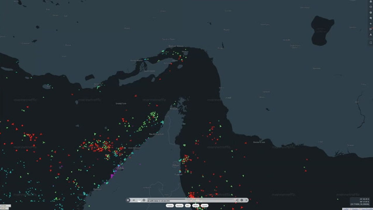 Marine map appears to show Strait of Hormuz at a standstill more than 48 hours into ceasefire