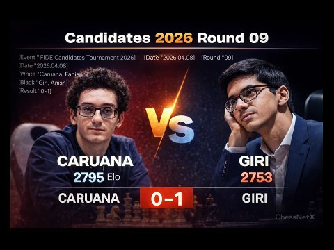 FIDE Candidates 2026 – Round 09 Anish Giri delivers a stunning victory over Fabiano Caruana (0–1)! Precision, patience, and pure calculation — this game had it all. where strategy meets cinematic storytelling. #chessnetx #FIDE2026 #CandidatesTournament