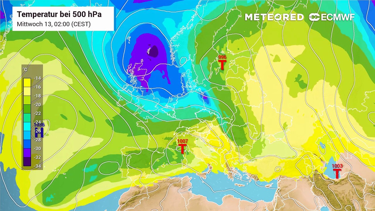 Die Troglage über Europa: Ein ausgedehnter Kaltlufttrog greift vom Nordatlantik tief in den Kontinent hinein und sorgt für ein dynamisches Wechselspiel aus Schauern, Gewittern und kurzen sonnigen Lücken – ein Wetterfilm ohne Pauseknopf.