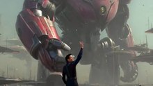 Frente a una máquina gigante roja | Vídeo IA cinematográfico