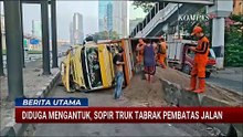Sopir Ngantuk di Jalan, Truk Pasir Hantam Pembatas dan Terguling di Jalan Gatot Subroto