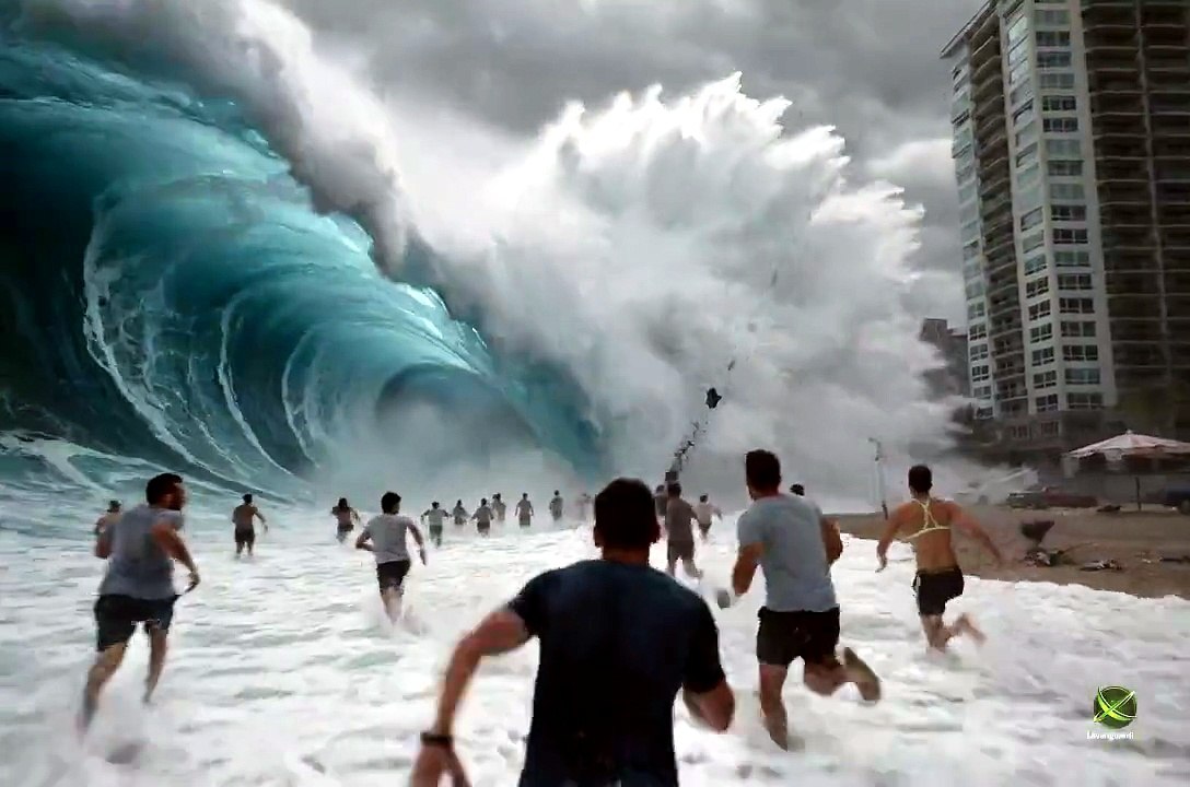 Ola gigante arrasa la playa | Vídeo IA cinematográfico