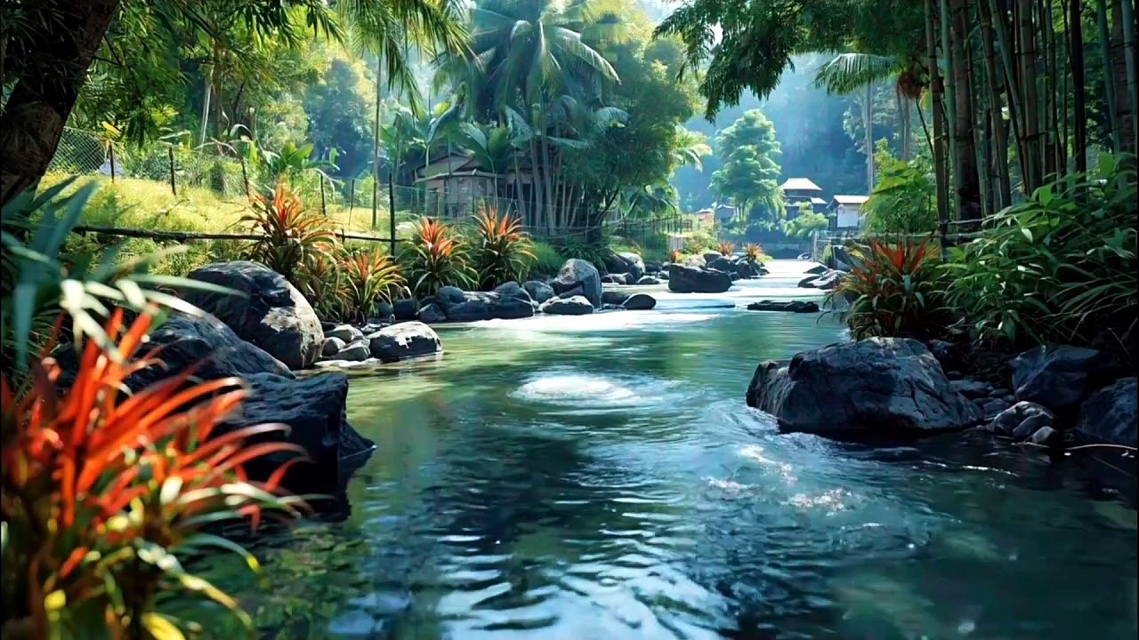 Beautiful River Sounds in Peaceful Village for Relaxation .Nature ASMR
