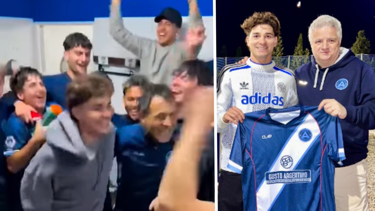 Julián Álvarez festeja como uno más la victoria del equipo de sus hermanos... ¡de Primera Regional!