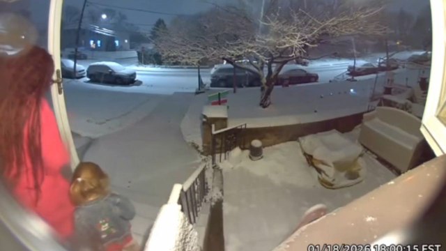 Girl Walks Outside With A Child And Slips Suddenly On Snow Covered Stairs
