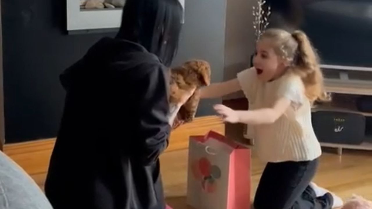 Little Girl Receives Her First Puppy and Embraces It