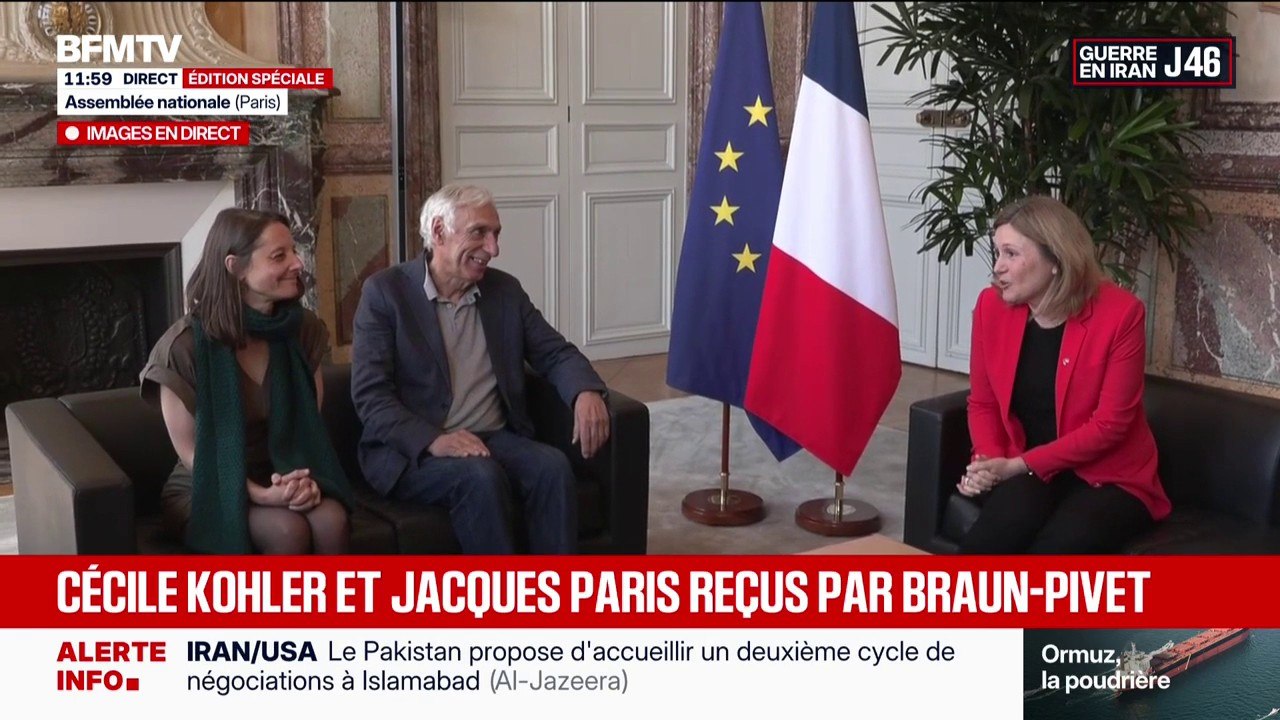 La Présidente de l'Assemblée nationale Yaël Braun-Pivet reçoit les ex-otages en Iran Cécile Kohler et Jacques Paris