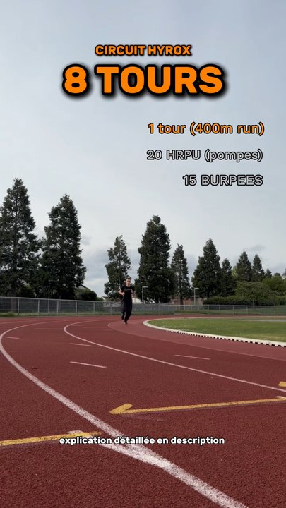 DESCRIPTION DÉTAILLÉECircuit HYROX (8 tours)Format8 tours :- 400 m run- 20 HRPU (option ACCESSIBLE À TOUS : vous pouvez vous aider des genoux et hanche pour remonter)- 15 burpees