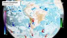 Terça-feira, 14 de abril: Previsão de precipitação, nebulosidade e pressão a nível médio do mar.