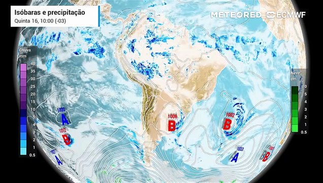 Previsão de precipitação e linhas de pressão (isóbaras)