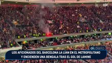 Los aficionados del Barcelona la lían en el Metropolitano y encienden una bengala tras el gol de Lamine