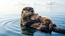 Otter Holding Baby While Swimming
