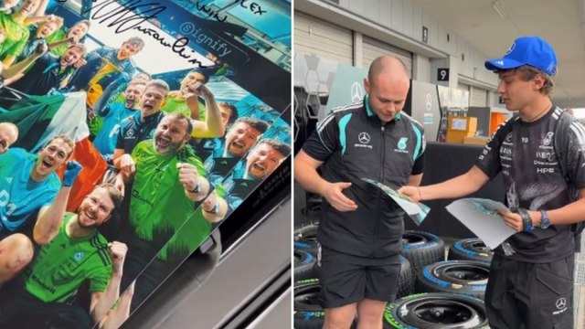 Il video di Kimi Antonelli con il regalo al team Mercedes: la foto autografata dei festeggiamenti. La sua figurina venduta 170mila euro