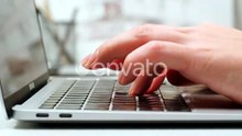 Young Woman is Typing on Computer Keyboard Closeup Modern Work Office Place Concept Working and