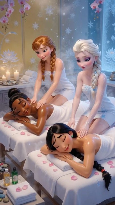 Anna and Elsa massage Mulan and Tiana ♥️