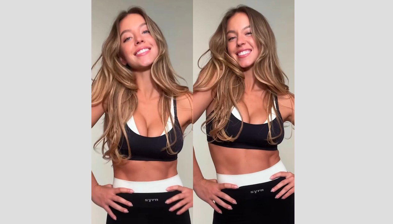 Sydney Sweeney tries on on her clothing line SYRN
