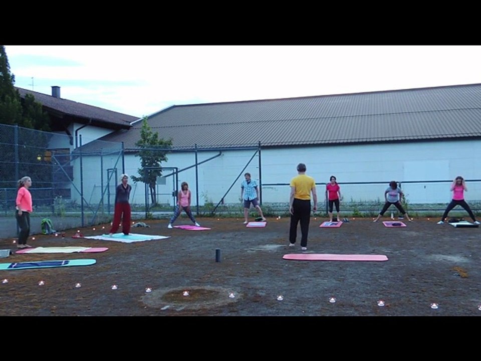 Straddled standing forward bend with subsequent balance exercise