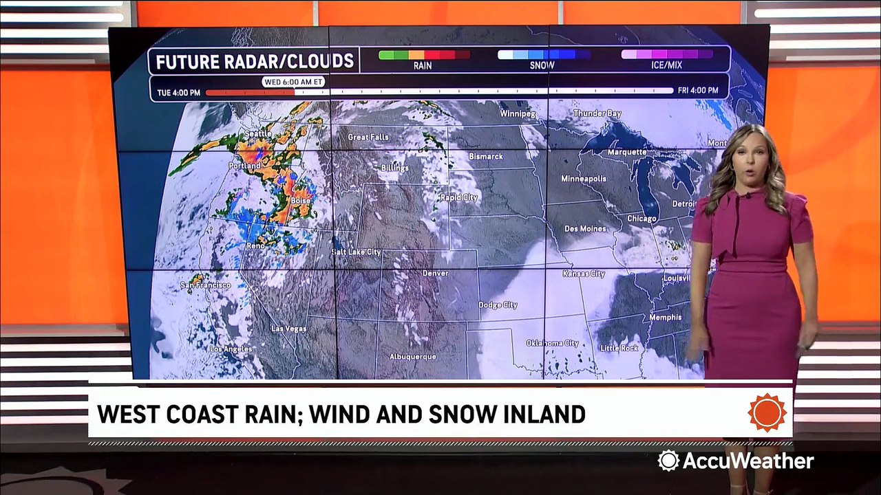 Rain and mountain snow moving inland across the West Coast