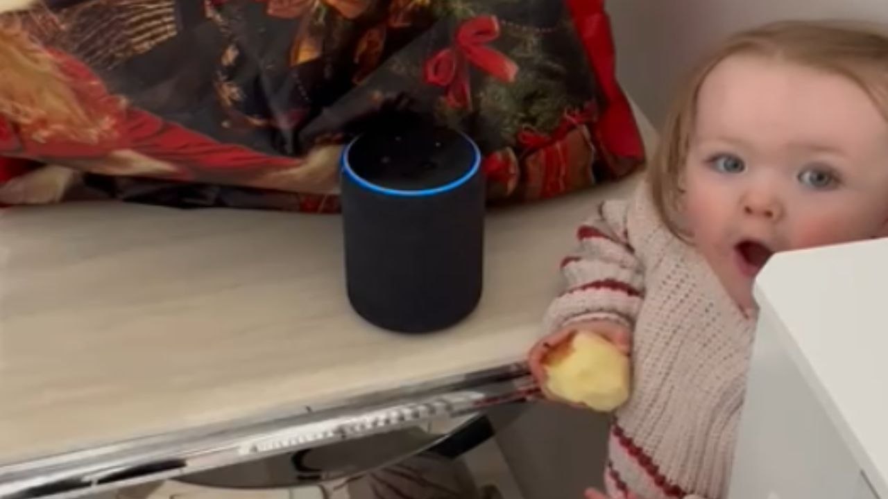 Adorable toddler in TOTAL AMAZEMENT after Alexa...