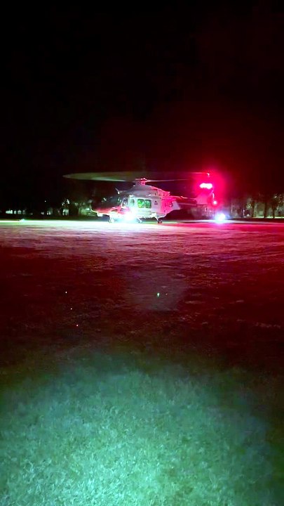 A Coastguard helicopter departs after a midnight airlift of an ill ultra marathon runner from Exmoor to hospital in Taunton.