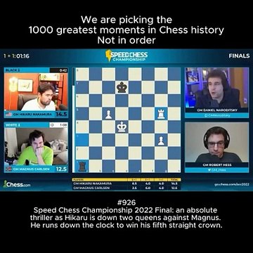 Hikaru Nakamura clinched his 5th Speed Chess Championship title in the epic 2022 final vs Magnus Carlsen. In a nail-biting finish, he ran down the match clock to secure victory despite being behind.