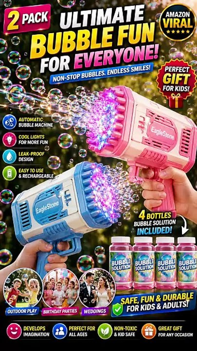 EagleStone 2 Pack Bubble Guns with Lights & Solution Kids Summer Party Toy